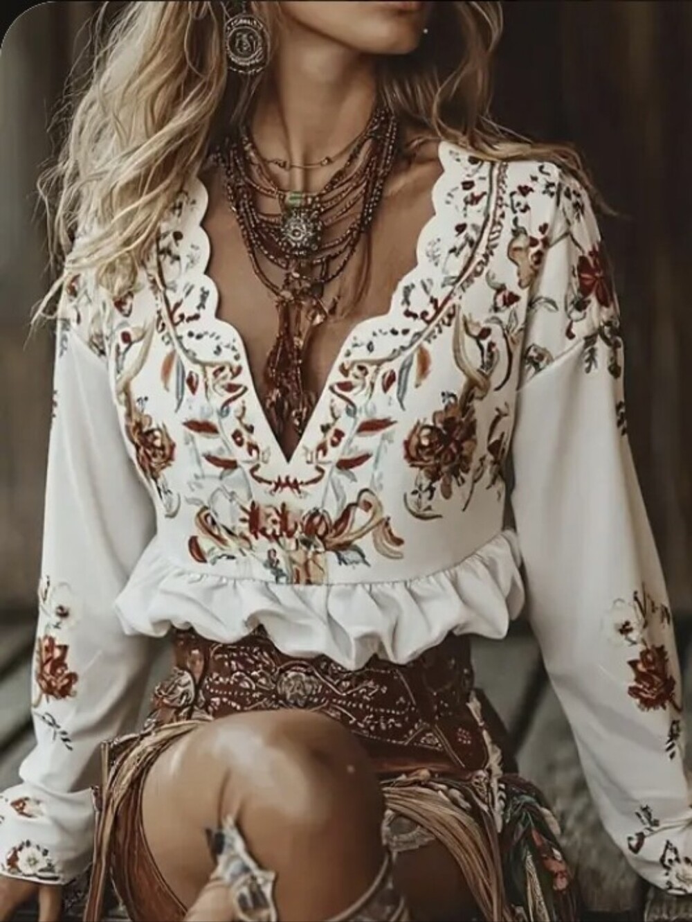 Western-Boho Peasant Blouse Printed Embroidery Look, Medium, New